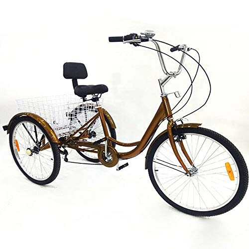 Vélos de villes : Vélo 3 roues 24" - 6 vitesses - Pour adultes - Avec panier de courses et dossier - Pour séniors - Pour les courses - Or sans lumière