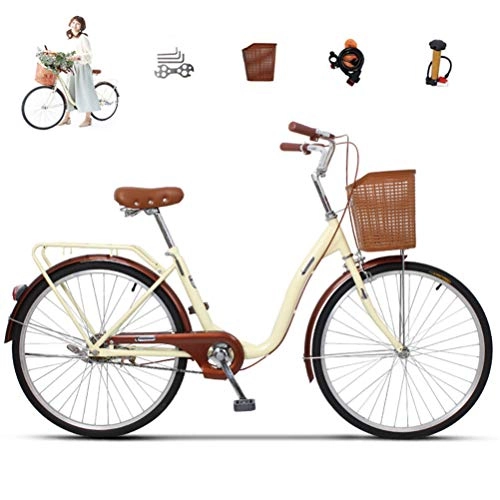 Vélos de villes : Vélo classique pour femmes, vélo urbain traditionnel avec panier pour étudiants Vélo de ville pour femmes Vélo de route urbain pour banlieue Filles 26 " / 24" Vélo de style hollandais Vélos, Beige, 26"