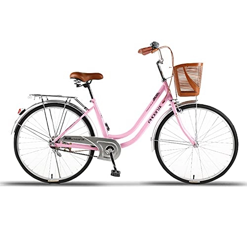 Vélos de villes : Vélo De Croisière De 26 Pouces Pour Femmes Avec Panier, Vélo à Vélos Adultes à Une Seule Vitesse, Vélo De Croisière Rétro Avec Rack Arrière, Vélo De Voyage De Banlieue De Banlieue Légèr(Color:Rose)