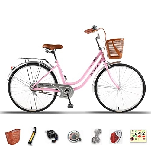 Vélos de villes : Vélo de Ville, 24". Vélo Vintage, avec Panier et Porte-Bagages arrière, vélo pour Femme, vélo de Ville, rétro, Vintage, Pink-24inch