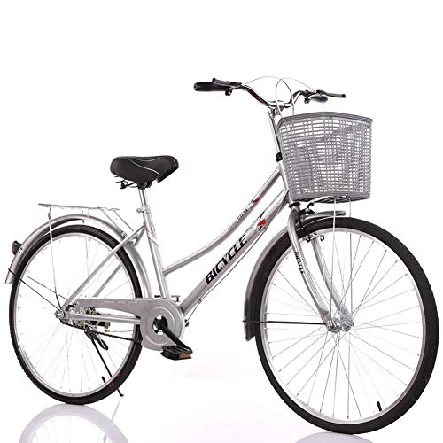 Vélos de villes : Vélo de ville confortable de 24 / 26 pouces, vélo de plage pour femmes, cadre en acier au carbone et roues en alliage d'aluminium, pour les trajets quotidiens et la conduite en plein air, Argent, 26in