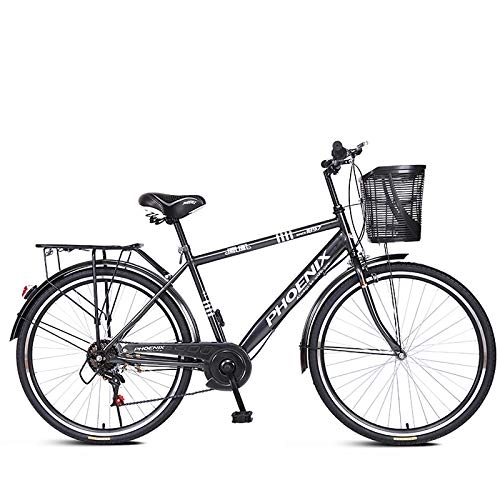 Vélos de villes : Vélos de banlieue 7 vitesses pour hommes et femmes, vélos de ville confortables en acier au carbone avec changement de vitesse au guidon et doubles freins pour les sorties et le travail, Glass black