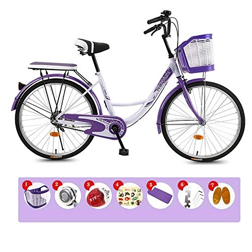 Vélos de villes : XIAOFEI 24 26 Pouces Lady Bike City Bike Ladies Bike / City Bike / City Cruiser Bike pour Les Femmes, Casual Commuter Lady Princess Light Retro Bicycle, Violet, 26"