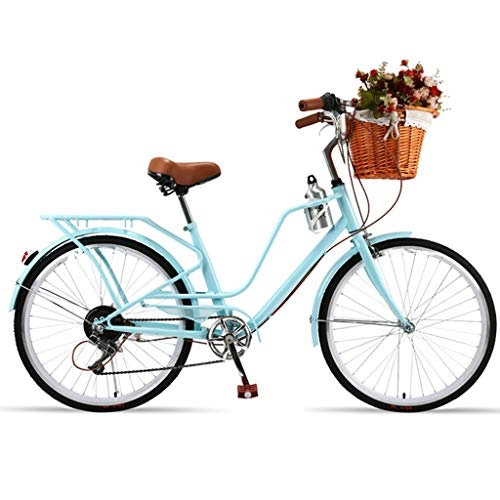 Vélos de villes : ZHOUZJ Vlo de Confort Bicyclette Femme City Bike Vlo de Ville, 7- Vitesse, 24 Pouces, Bleu, 24
