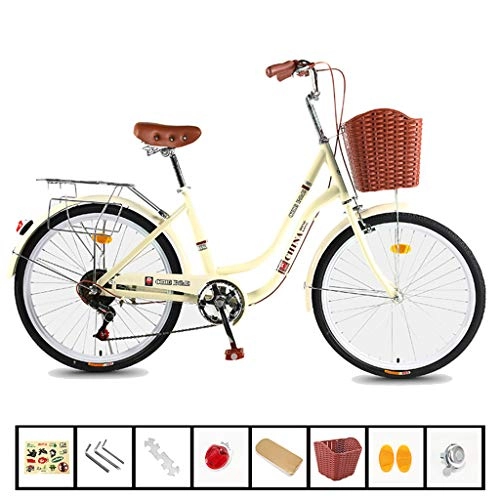 Vélos de villes : ZXLLO Vélo pour Femmes 26 Pouces Vélo De Ville  avec Panier en Plastique 7 Vitesses Étagère étendue avec des Outils De Quincaillerie, des Feux Arrière Réfléchissants Etc.