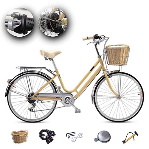Vélos de villes : ZXLLO Vélo pour Femmes Shimano à 6 Vitesses Roue De 24 Pouces Vélo De Ville avec Un Panier en Rotin Imitation, Vert