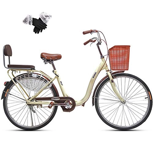 Vélos de villes : ZZD Vlo de magasinage Confortable pour Dames Une Vitesse, vlo de Ville de 24 / 26 Pouces, avec Panier et Gants en Coton, pour Le Travail et Les achats, 26in