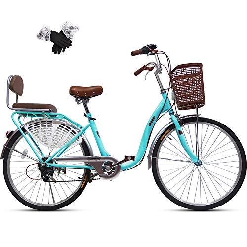 Vélos de villes : ZZD Vélo Confortable pour Femmes de 24 Pouces, vélo de Ville pour Dames à 6 Vitesses, avec Gants d'hiver et Panier Avant, adapté pour 145-165 cm