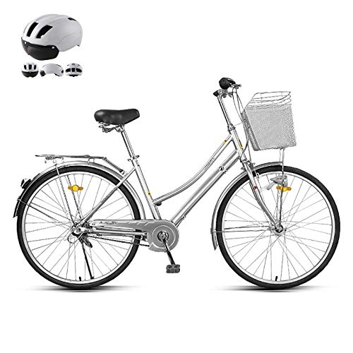 Vélos de villes : ZZD Vélo Confortable pour Femmes de 26 Pouces avec Casque, vélo de Banlieue Shimano 3 Vitesses intégré, avec lumières, s'allume sans Batterie
