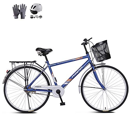 Vélos de villes : ZZD Vélo de Confort pour Adulte en Acier au Carbone avec Casque, vélo de Ville de 26 Pouces pour Homme avec Gants Chauds, Cadre de siège arrière et Freins Doubles, Bleu
