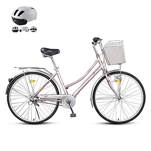 Vélos de villes : ZZD Vélo de Ville en Aluminium, vélo Confortable pour Femmes de 26 Pouces à 3 Vitesses, avec éclairage et Casque, adapté à la Conduite et aux Sorties en Plein air, Rose