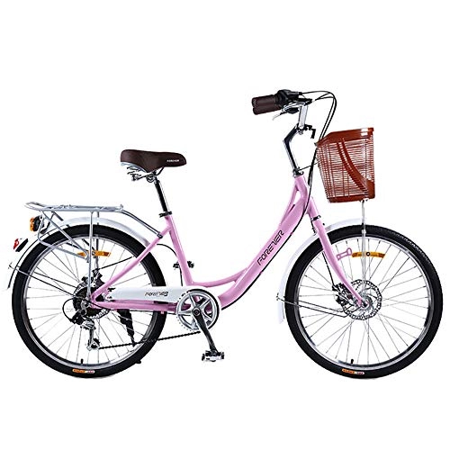 Vélos de villes : ZZD Vélo pour Femmes de 24 Pouces en Alliage d'aluminium, vélo Confortable Shimano 7 Vitesses Retro City Commuter, Freins à Double Disque, avec Panier et siège réglable, Rose