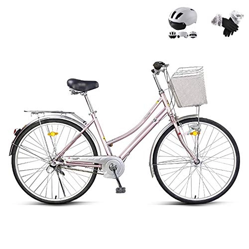 Vélos de villes : ZZD Vélo pour Femmes de 26 Pouces à 3 Vitesses, vélo de Ville rétro avec Casque, lumières et Gants Chauds, adapté au Travail et au Shopping