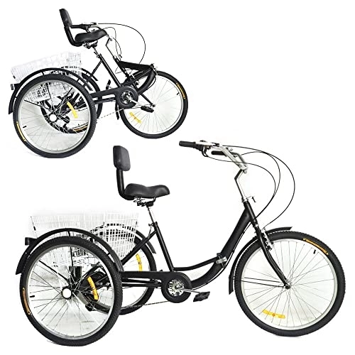 Vélos pliant : 24 Pouces Pliant Tricycle Tricycle Selle pour Adulte Pliable 7 Vitesses Tricycle avec Dossier Panier de courses pour Adultes et personnes âgées Noir