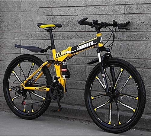 Vélos pliant : 26" Blue Mountain Bike, 30-Speed ​​Double Frein à disque Vélos pliants, Plein suspension anti-glissement, cadre aluminium léger, fourche à suspension, (Color : Yellow)
