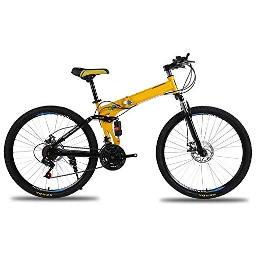 Vélos pliant : JF-XUAN vélo Sports de Plein air 26 Pouces VTT en Acier au Carbone Cadre Pliant 24 Speed ​​Shift VTT vélo Pliant vélo à Suspension Double (Color : Yellow)