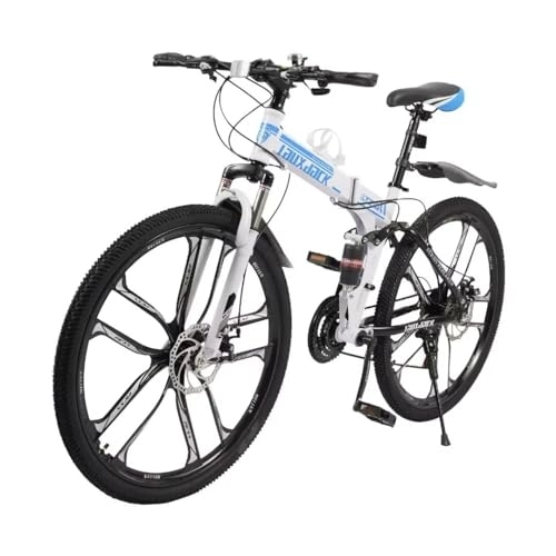 Vélos pliant : lousriyy Vélo de montagne pliable de 26 pouces - 21 vitesses - Freins à disque - Hauteur d'assise réglable - Pour le camping - Unisexe - Blanc et bleu