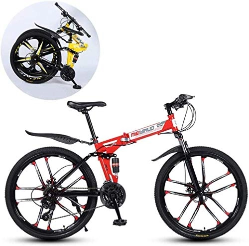 Vélos pliant : MJY Vélos de montagne, cadre pliant en acier à haute teneur en carbone 26 pouces à double absorption des chocs à vitesse variable dix roues de coupe vélo pliable 6-6, rouge, 21 vitesses