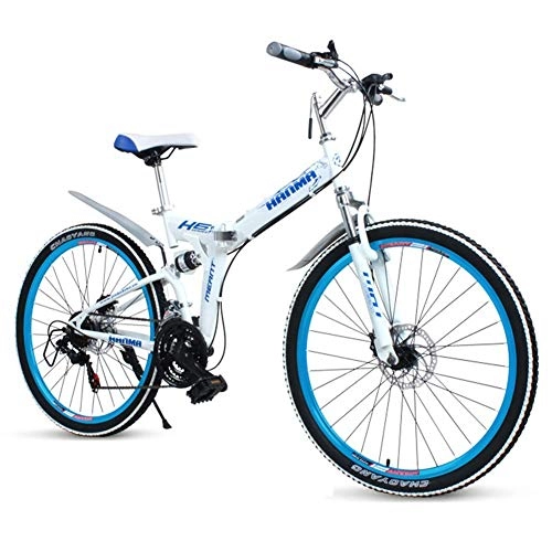 Vélos pliant : MJY Vélos pliants pour adultes, VTT pliant à double frein à disque en acier à haute teneur en carbone, vélo pliable à double suspension, vélo de banlieue portable, blanc, 26 '27 vitesses