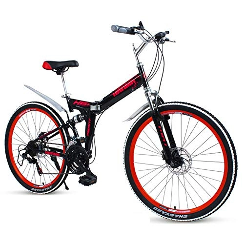 Vélos pliant : MJY Vélos pliants pour adultes, VTT pliant à double frein à disque en acier à haute teneur en carbone, vélo pliable à double suspension, vélo de banlieue portable, rouge, 24 '27 vitesses