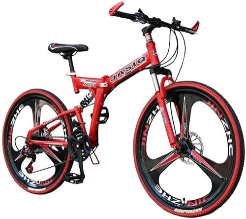 Vélos pliant : MOLVUS VTT 21 vitesses unisexe à double suspension en acier à haute teneur en carbone 61 cm 66 cm roue intégrale double frein à disque étudiant enfant vélo de ville pliable, rouge, 27 Spe