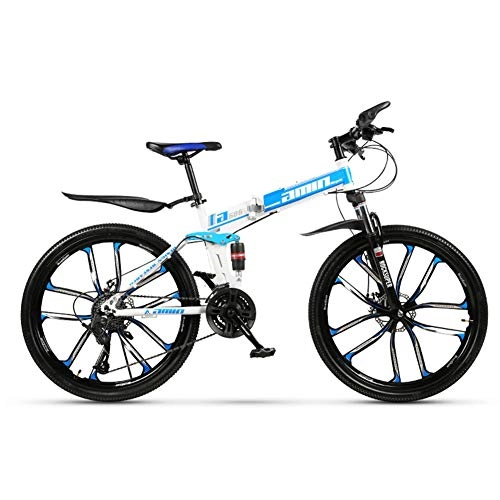 Vélos pliant : Mountain Bikes Vélo pliable pour adulte 24" / 66 cm, dérailleur 21 niveaux, 10 roues coupantes, VTT, blanc / bleu