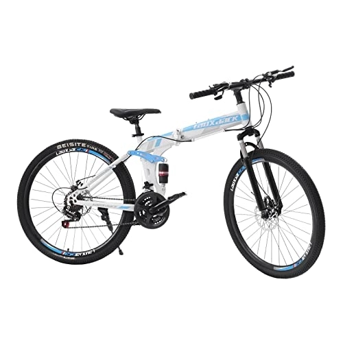 Vélos pliant : SABUIDDS VTT 26" avec suspension complète - Vélo pliant - 21 vitesses - Avec frein à disque amortissant les chocs - Pour homme et femme - Blanc et bleu