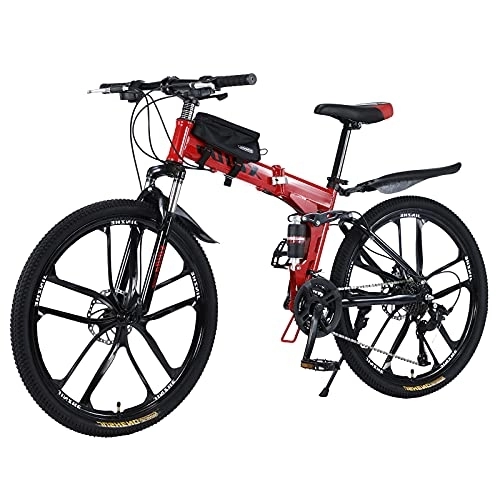 Vélos pliant : VTT 26 pouces pliable avec double amortissement des chocs Cadre en fibre de carbone avec sac de vélo – Frein à disque Vélo Vélo Vélo à suspension complète Idéal pour homme et femme (rouge)