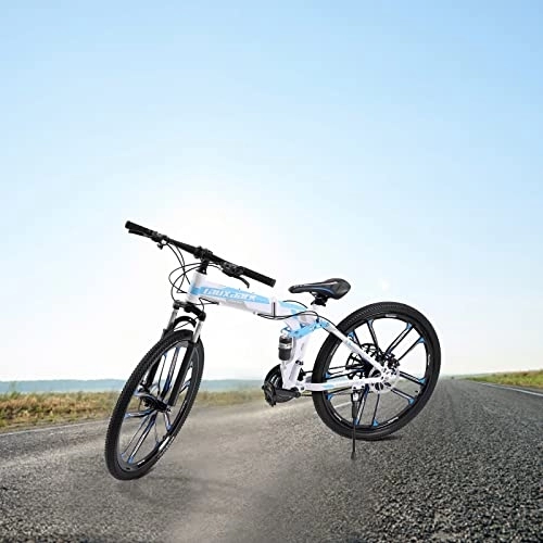 Vélos pliant : Vélo de montagne pliant 26" 21 vitesses bleu et blanc adulte VTT double absorption des chocs frein à disque pour garçons filles