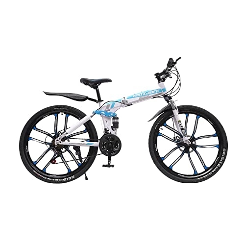 Vélos pliant : Vélo de montagne pliant 26 pouces, 21 vitesses, VTT adulte, double amortissement, frein à disque pour garçons et filles, bleu et blanc