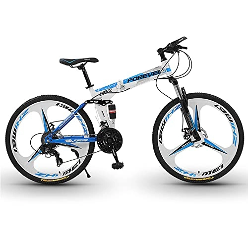 Vélos pliant : Vélo de montagne pour adultes avec roues de 26 pouces, vélos de trail pliables en acier à haute teneur en carbone avec double suspension, double frein à disque, vélo de montagne pour(Color:blanc bleu)