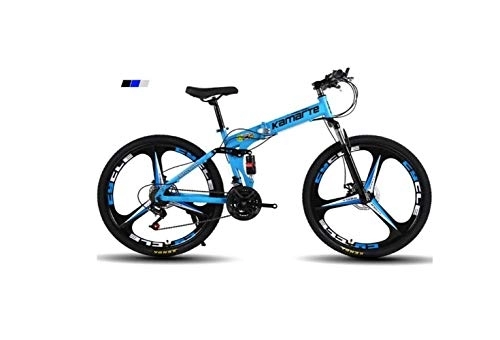 Vélos pliant : Vélo de montagne pour hommes, 24 pouces, roues à 3 rayons, cadre en acier à haute teneur en carbone, vélo pliant à double suspension 21 / 24 / 27 vitesses, unisexe avec freins à disque, bleu, 27