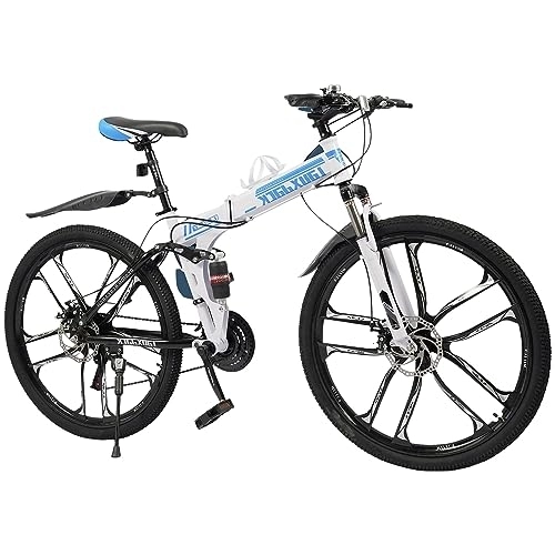 Vélos pliant : WOQLIBE VTT pliable 26 pouces 21 vitesses, vélo adulte avec double cadre d'absorption des chocs - vélos à freins à disque, parfait pour hommes et femmes, blanc