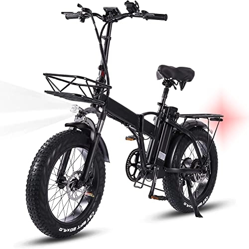 Vélos électriques : 20 Pouces Vélos Électriques Pliant Ebike, 4.0 Fat Tire Ebikes All Terrain Bikes, 750 48V 15AH Batterie au Lithium, avec Shimano 7 Vitesses Facile À Plier, avec Panier Avant, Clignotant