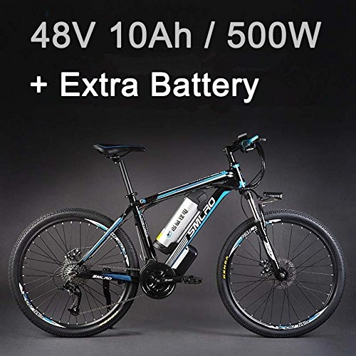 Vélos électriques : 26 "vlo lectrique d'alliage d'aluminium de batterie au lithium 48V 500W, vlo lectrique de 27 vitesses, VTT / vlo de montagne, adoptent des freins disque d'huile (10Ah Noir Bleu Plus la batterie)