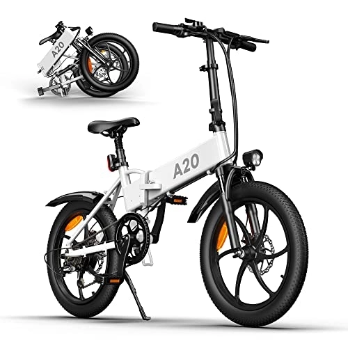 Vélos électriques : ADO Vélo Electrique Pliable pour Adulte, 20”Pneus VTT Électrique d'assistance à la pédale, Écran LCD et LED Luci, Batterie 10.4Ah, Vitesse 25 km / h, Motor de 250W, E-Bike pour Ville / Plage / Neige Blanc