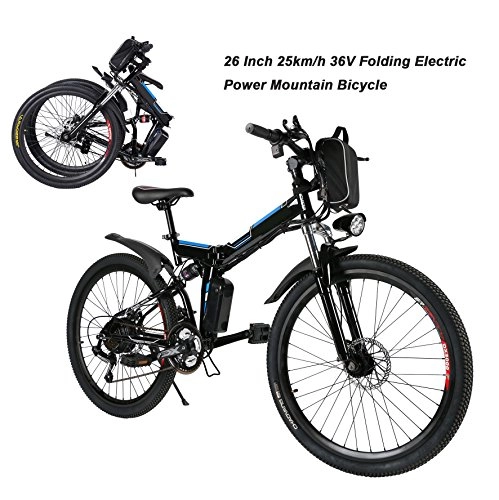 Vélos électriques : Aimado Vélo électrique pliable, e-bike MTB 250 W, 25 km / h, Shimano 12 vitesse, en aluminium, batterie en lithium 36 V et 8 A, grandes roues de 26", avec lumière avant LED, Noir