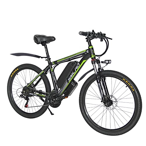 Vélos électriques : AKEZ Vélo électrique de VTT électrique de 26 pouces - Vélo électrique - Pour homme et femme - Avec batterie amovible de 48 V / 10 Ah - Shimano - 21 vitesses (noir vert)