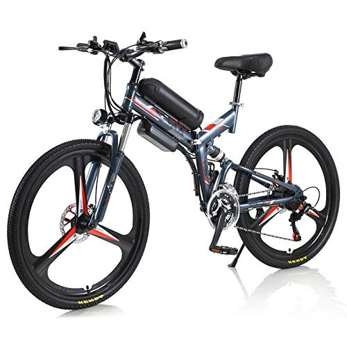 Vélos électriques : AKEZ Vélo électrique pliable 26" pour adulte - Vélo électrique pliable - Pour homme et femme - Avec batterie 36 V et Shimano 21 vitesses (gris rouge)