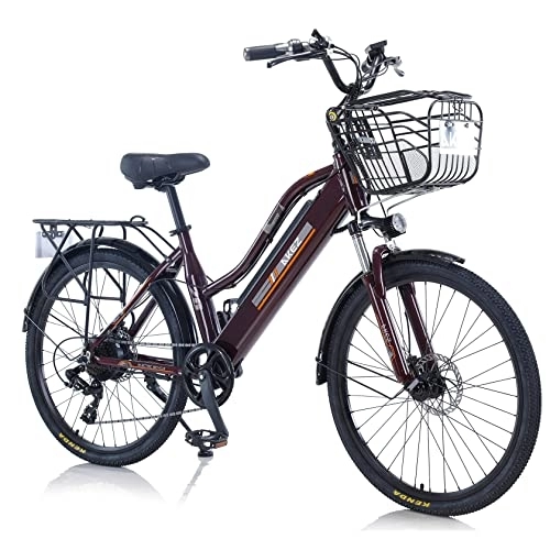 Vélos électriques : AKEZ Vélo électrique pour adultes et femmes, VTT électrique de 66 cm pour femmes, batterie lithium-ion amovible pour homme, avec vitesses Shimano 7 vitesses et freins à disque double (marron)