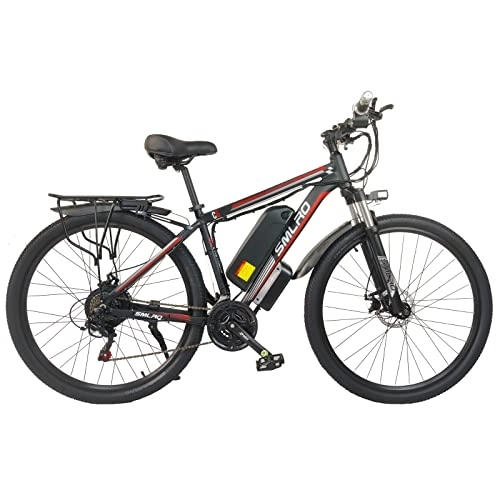 Vélos électriques : AKEZ Vélo électrique VTT électrique 29" pour homme et femme avec Batterie amovible 48V 13Ah - avec transmission Shimano 21 vitesses (noir rouge-29-1000)