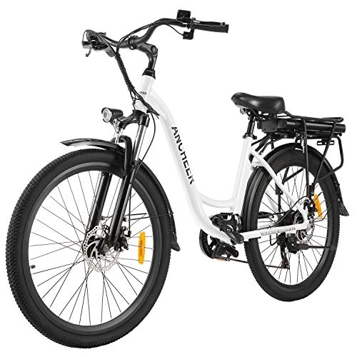 Vélos électriques : ANCHEER 26 pouces Vélo électrique Ville Femme Homme avec Batterie Amovible 12, 5 Ah jusqu'à 45-90 km d'autonomie, VTC Cadre en Aluminium Freins à Disque Double Suspension Fourche (Blanc)