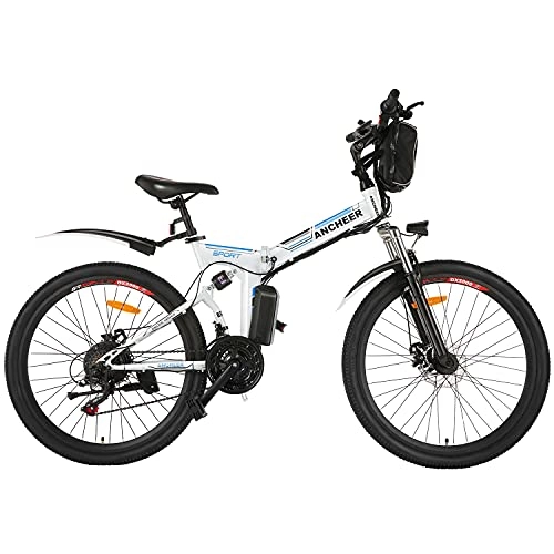 Vélos électriques : ANCHEER 26" Vélo électrique Pliable, Batterie au Lithium 36V 8Ah Moteur sans Balais 250W, 26 Pouces E-Bike 21 Vitesses pour Adulte (Aventure-Blanc)