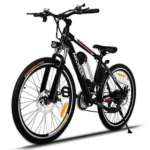 Vélos électriques : Ancheer - Vlo de ville et de montagne lectrique - Batterie lithium amovible 36 V, systme Shimano 21vitesses et deux modes de fonctionnement - Noir (66cm), 26'' (36V / 8AH)
