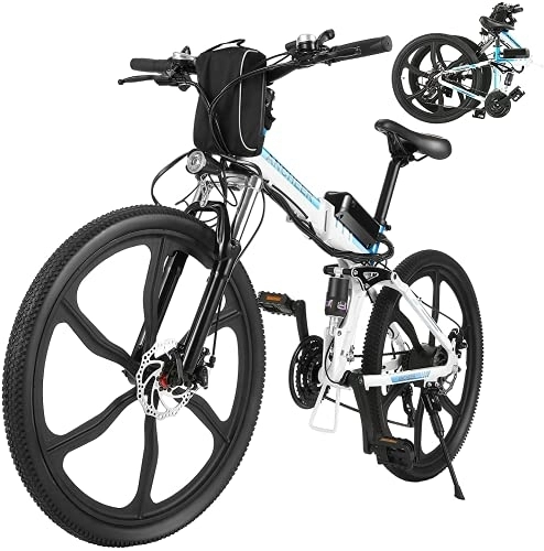 Vélos électriques : ANCHEER Vélo de Montagne Pliant VTT électrique Système de Transmission à 21 Vitesses / Siège réglable / Batterie au Lithium 36V / 8AH / Lumières LED et Haut-parleurs / Charge maximale: 120 kg (Blanc)