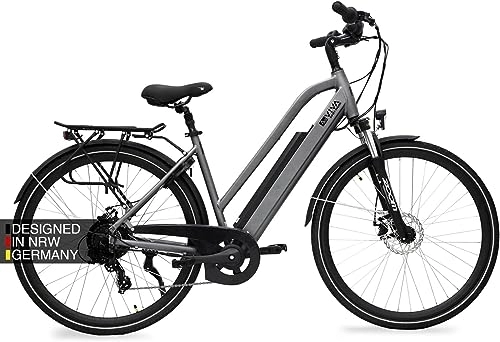 Vélos électriques : AsVIVA E-Bike VTC - vélo de ville 28" B15-H avec batterie à cellules Samsung 36V 14, 5Ah | Dérailleur Shimano 21 vitesses, moteur arrière 250W, frein à disque, vélo électrique blanc / gris