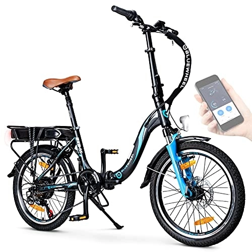 Vélos électriques : BLUEWHEEL e-bike 20" pliable Marque allemande de qualité |Dérailleur Shimano 7 vitesses |Conforme normes EU |appli, moteur 250W, batterie amovible |Vélo électrique 25km / h autonomie 150km |BXB55 (Noir)