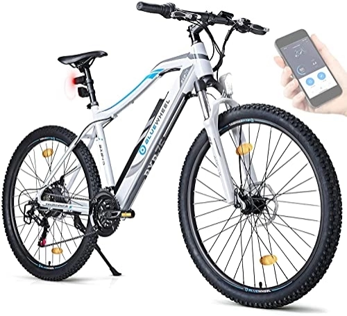 Vélos électriques : BLUEWHEEL e-Bike 27, 5" & 29" |Marque qualité Allemande |Conformité UE |E-Mountainbike 21 Vitesses & Moteur arrière, 25 km / h |Vélo électrique BXB75, Fourche Suspendue MTB, appli, LED (Blanc, 27.7")