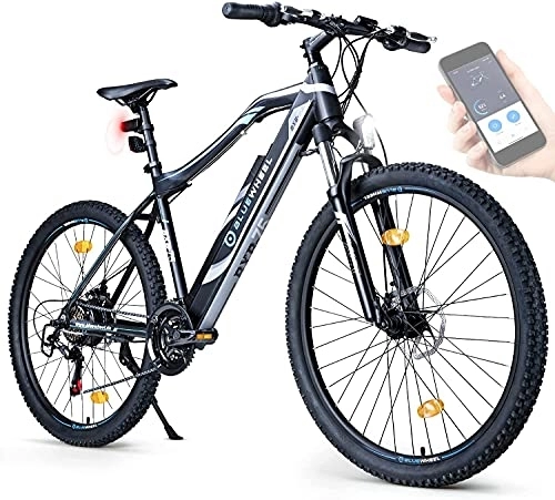 Vélos électriques : BLUEWHEEL e-Bike 27, 5" & 29" |Marque qualité Allemande |Conformité UE |E-Mountainbike 21 Vitesses & Moteur arrière, 25 km / h |Vélo électrique BXB75, Fourche Suspendue MTB, appli, LED (Noir, 29)