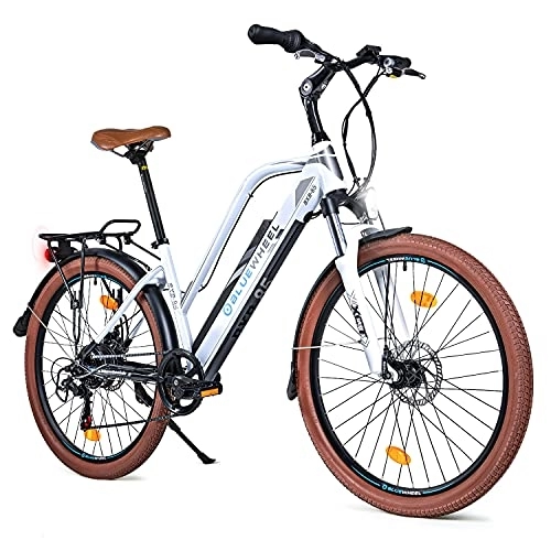 Vélos électriques : BLUEWHEEL - E-Bike BXB85 26" - VTT Electrique - Dérailleur Shimano 7 Vitesses - Moteur 250W - 25km / h - Batterie Rechargeable Amovible - Autonomie 150km - Écran De Bord Multifonctionnel - Blanc